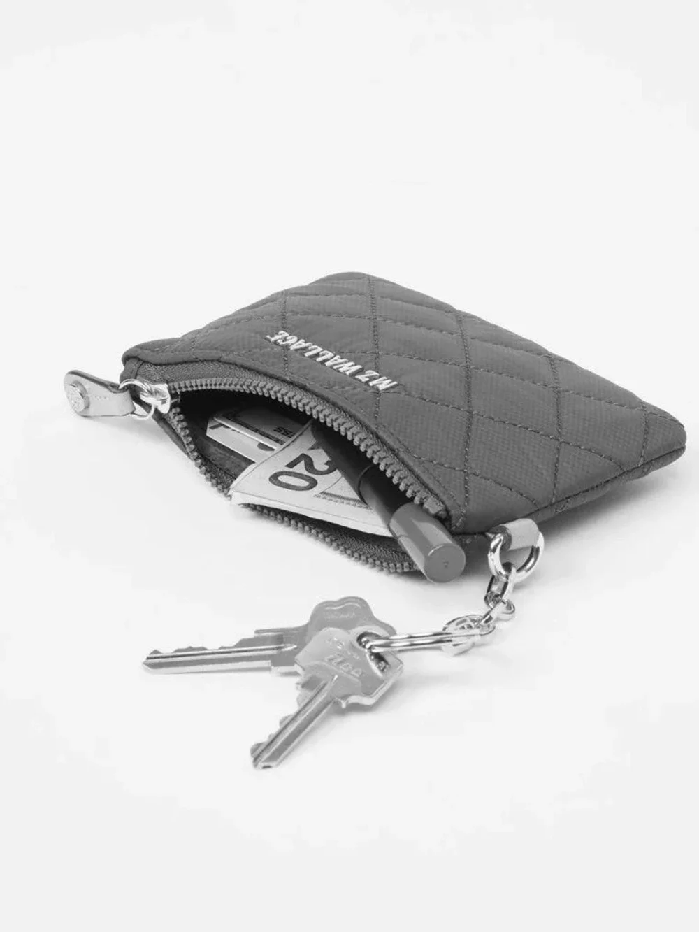 Mz Wallace Flat Metro Key Pouch Quilted Zip Card Case in Red Silver Accents